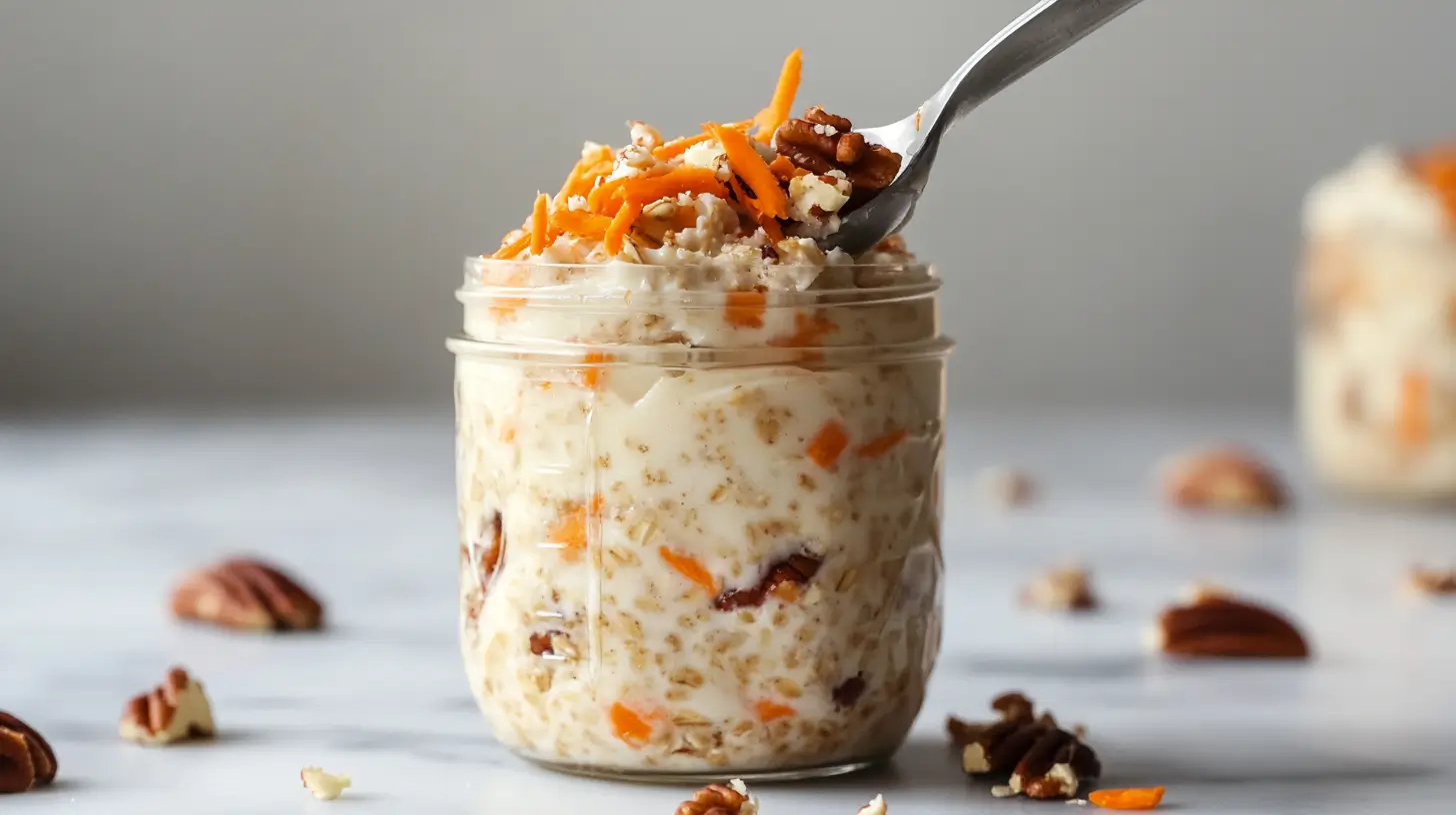 high protein carrot cake overnight oats in jar.