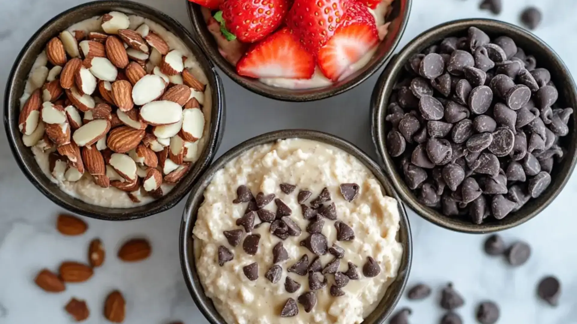 Protein fluff bowls with various healthy toppings.