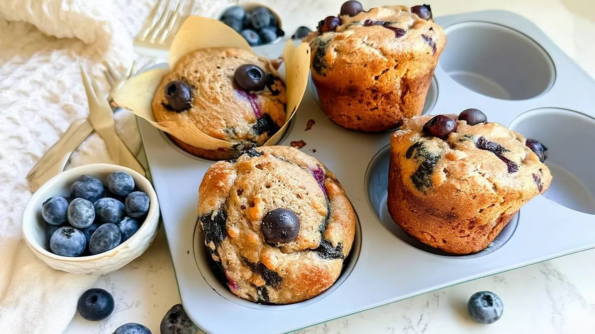 Freshly baked banana cottage cheese muffins with blueberries in a muffin tray