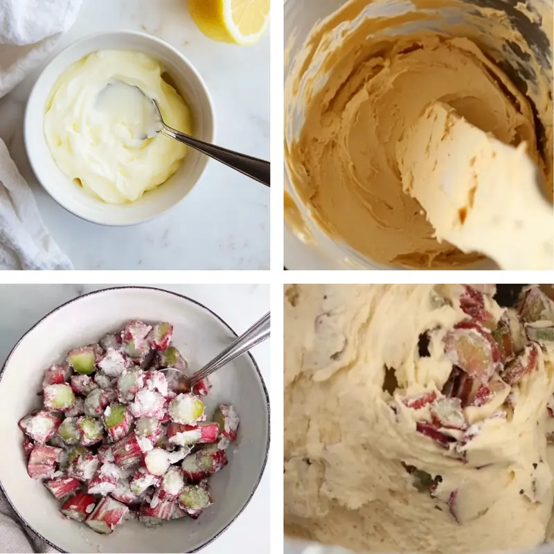 Step-by-step preparation of rhubarb cake with lemon curd, batter, and sugared rhubarb pieces
